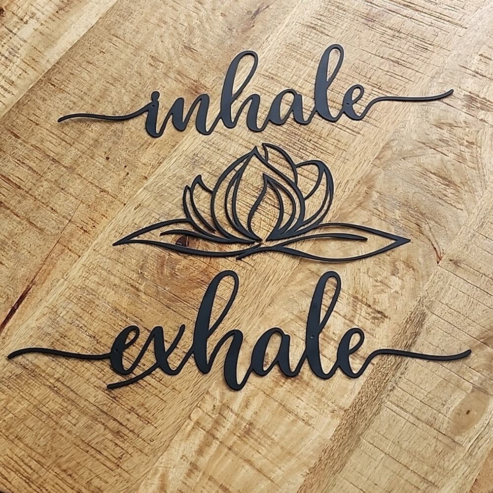 LOTUS FLOWER Wall Art Decor Exhale Inhale Word Wall Sign 3 Pieces Metal Black
